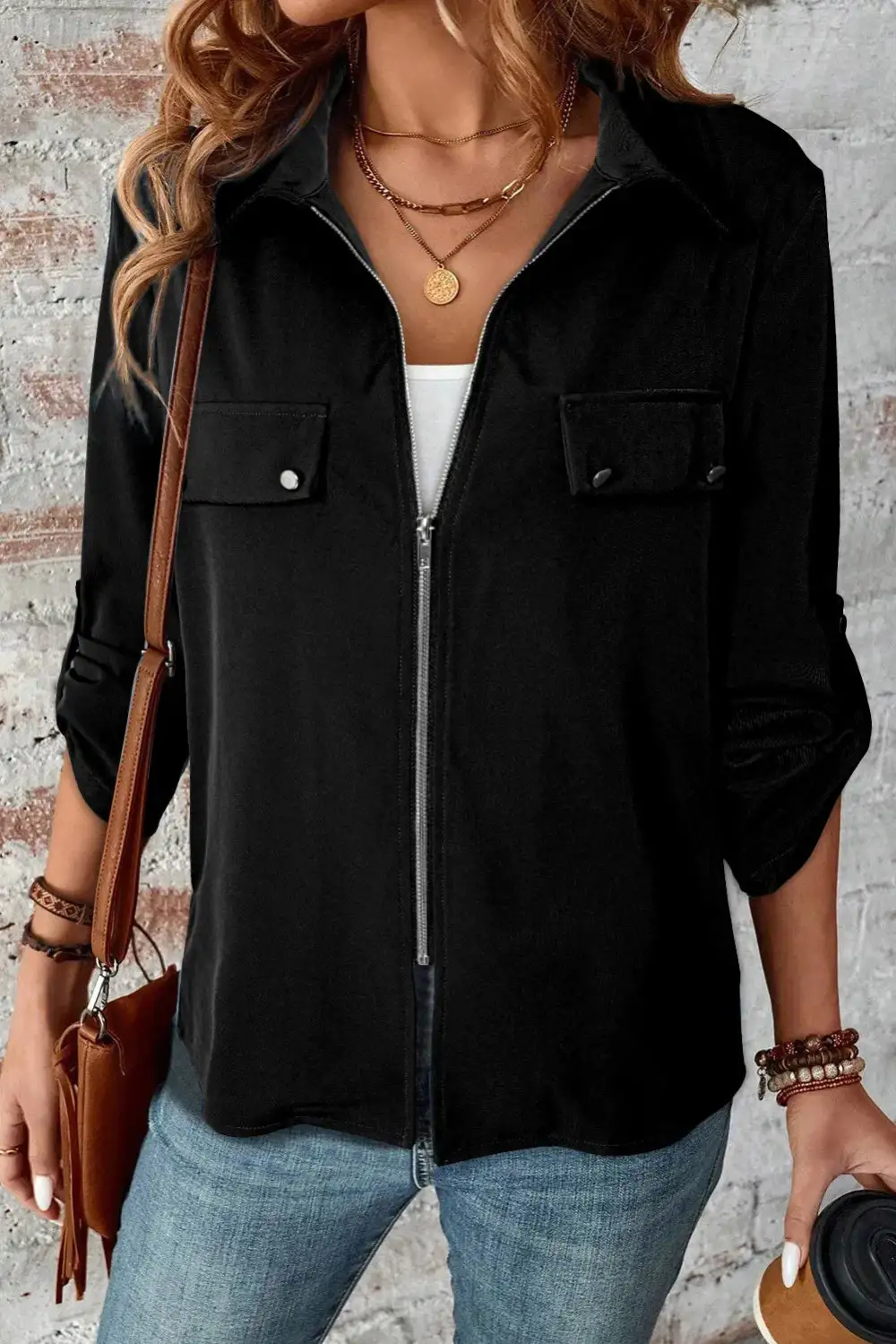 Zip-Up Collared Pocketed Jacket