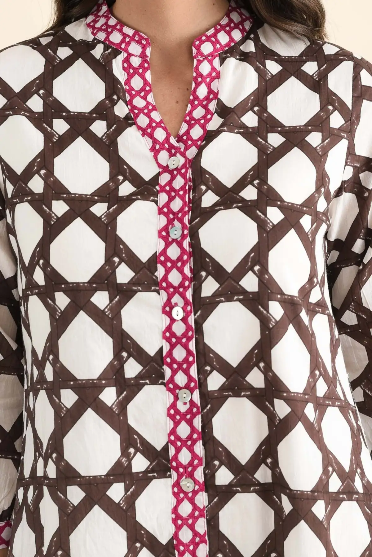 Geometric Cotton Pocket V-Neck Three-Quarter-Sleeve A-Line Below-Knee Dress