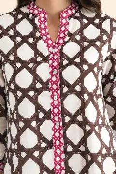 Geometric Cotton Pocket V-Neck Three-Quarter-Sleeve A-Line Below-Knee Dress