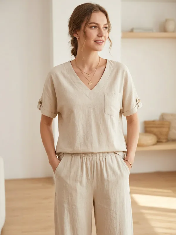 Easy-Wear Short-Sleeve Button-Front Women's V-Neck Shirt