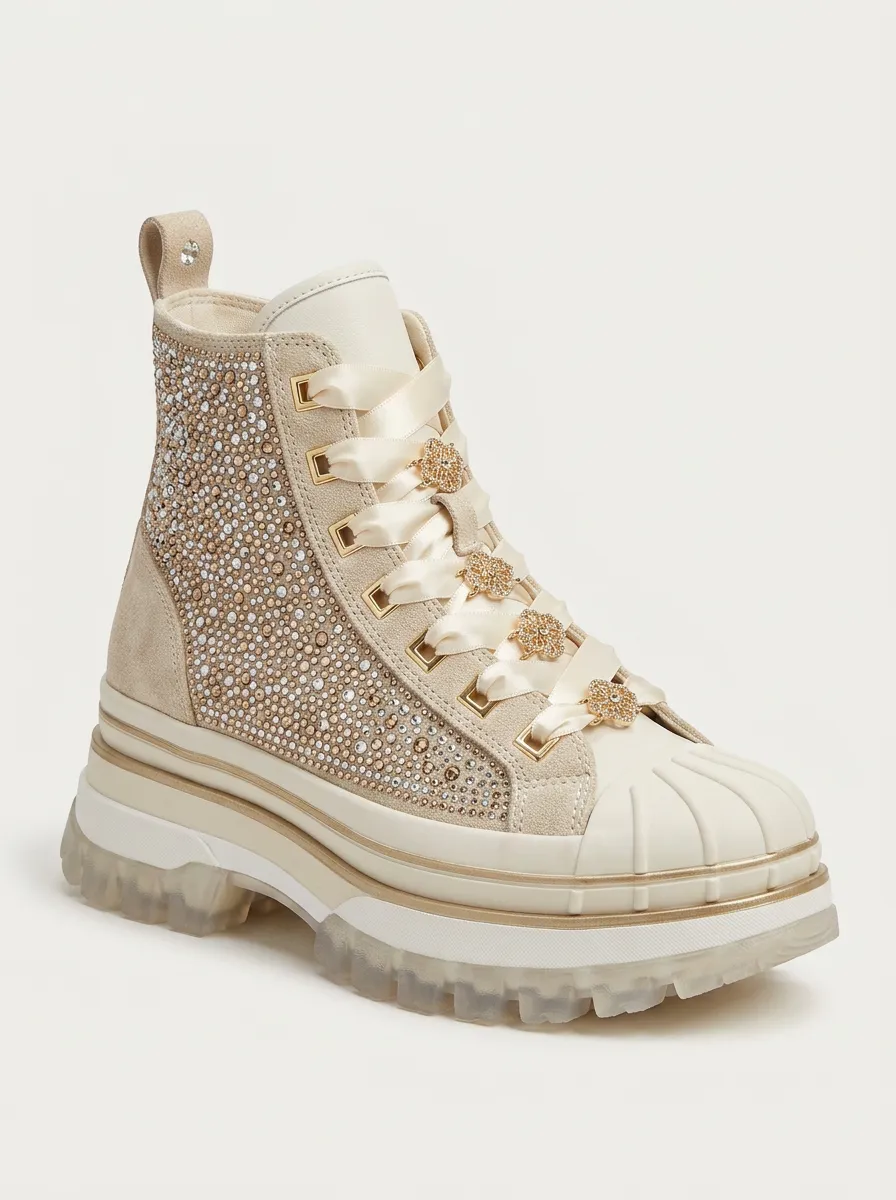 Floral Lace-Detail Lace-Up High-Top Women's Rhinestone Platform Shoes