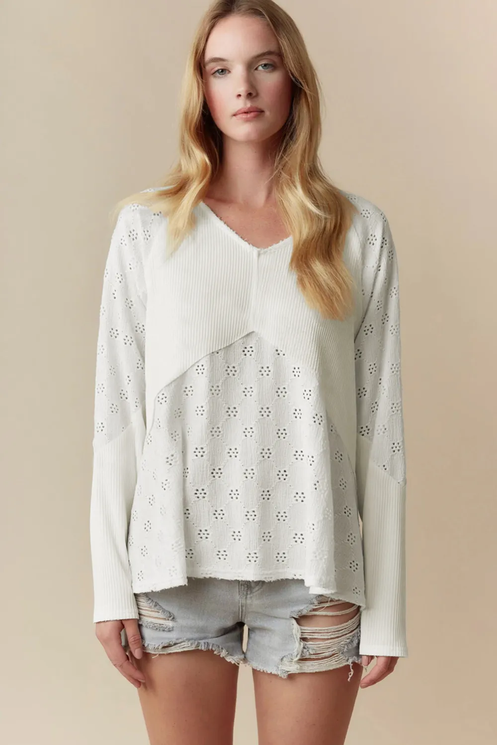 White Twisted Rib Patchwork Embroidered Top