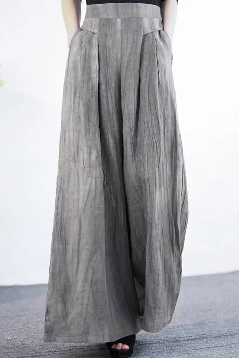 Linen Blend Wide Leg High Waist Pocketed Trousers