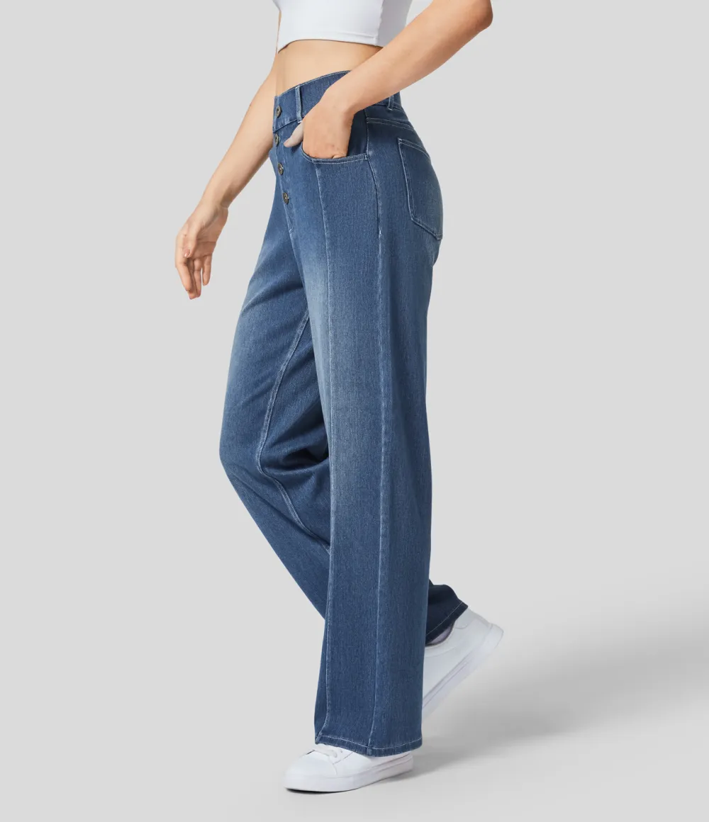 Magic High Waisted Decorative Button Multiple Pockets Straight Leg Stretchy Knit Casual Boyfriend Jeans