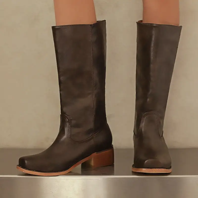 Pull-On Block-Heel Mid-Calf Western Boots