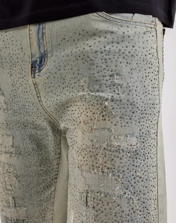 Relaxed Distressed Rhinestone Denim Shorts