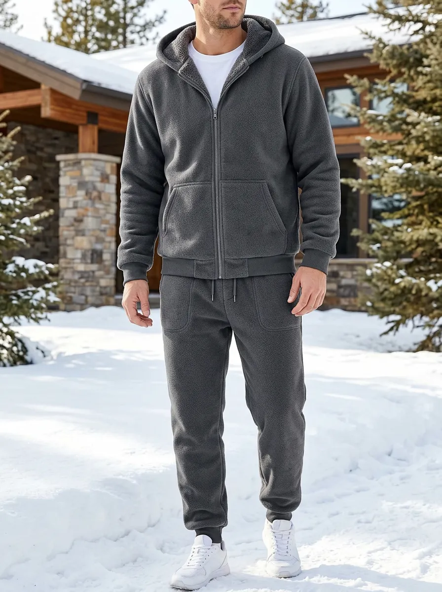 Men's Winter Fleece-Lined Zip-Up Hoodie and Jogger Set with Ribbed Ankle Cuffs