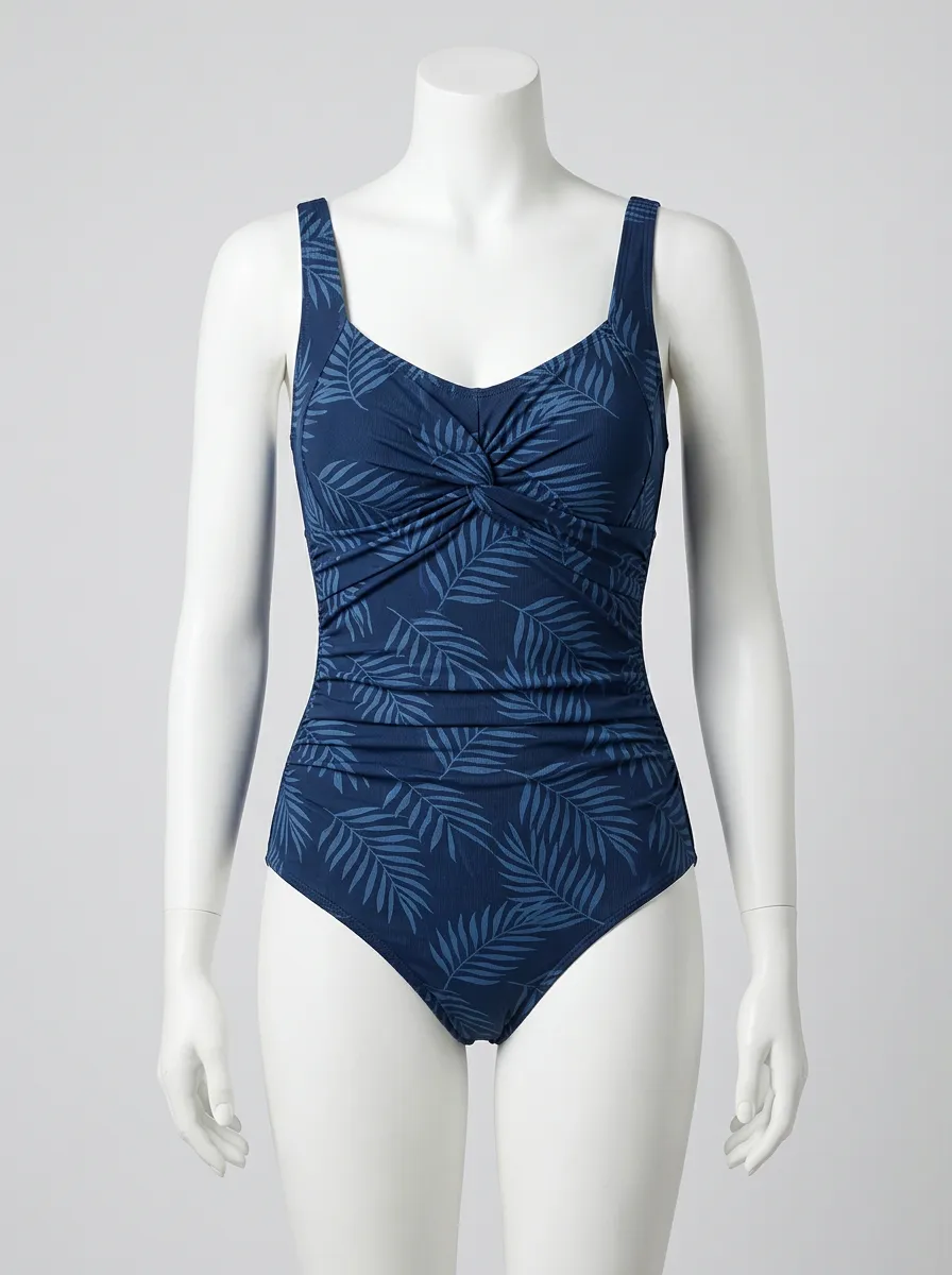 Clean-Line Tropical Palm-Leaf Leaf-Pattern One-Piece Swimsuit