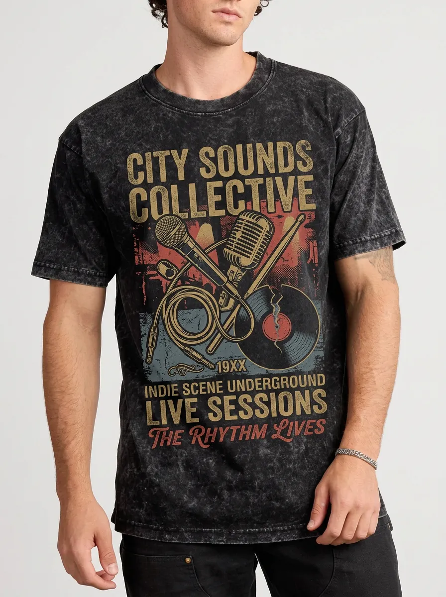 Men's Indie Music Lover Microphone Vinyl Record Printed T-shirt