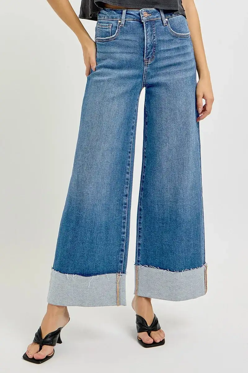 Relaxed High Waist Wide Leg Cuffed Denim Jeans