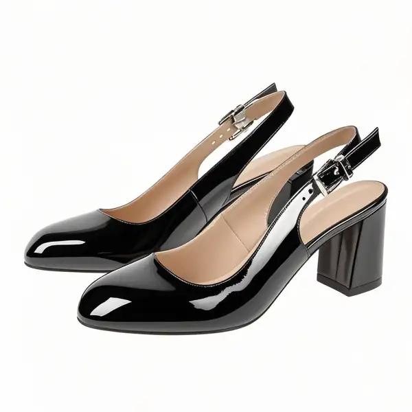 Round Toe Chunky Heel Slingback Pumps