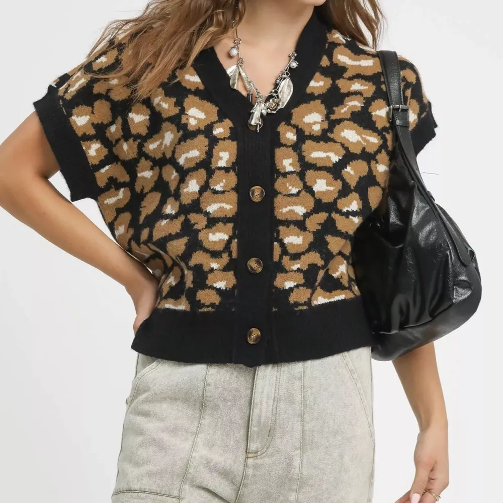 Short Sleeve Button Down Ribbed Knit Cardigan
