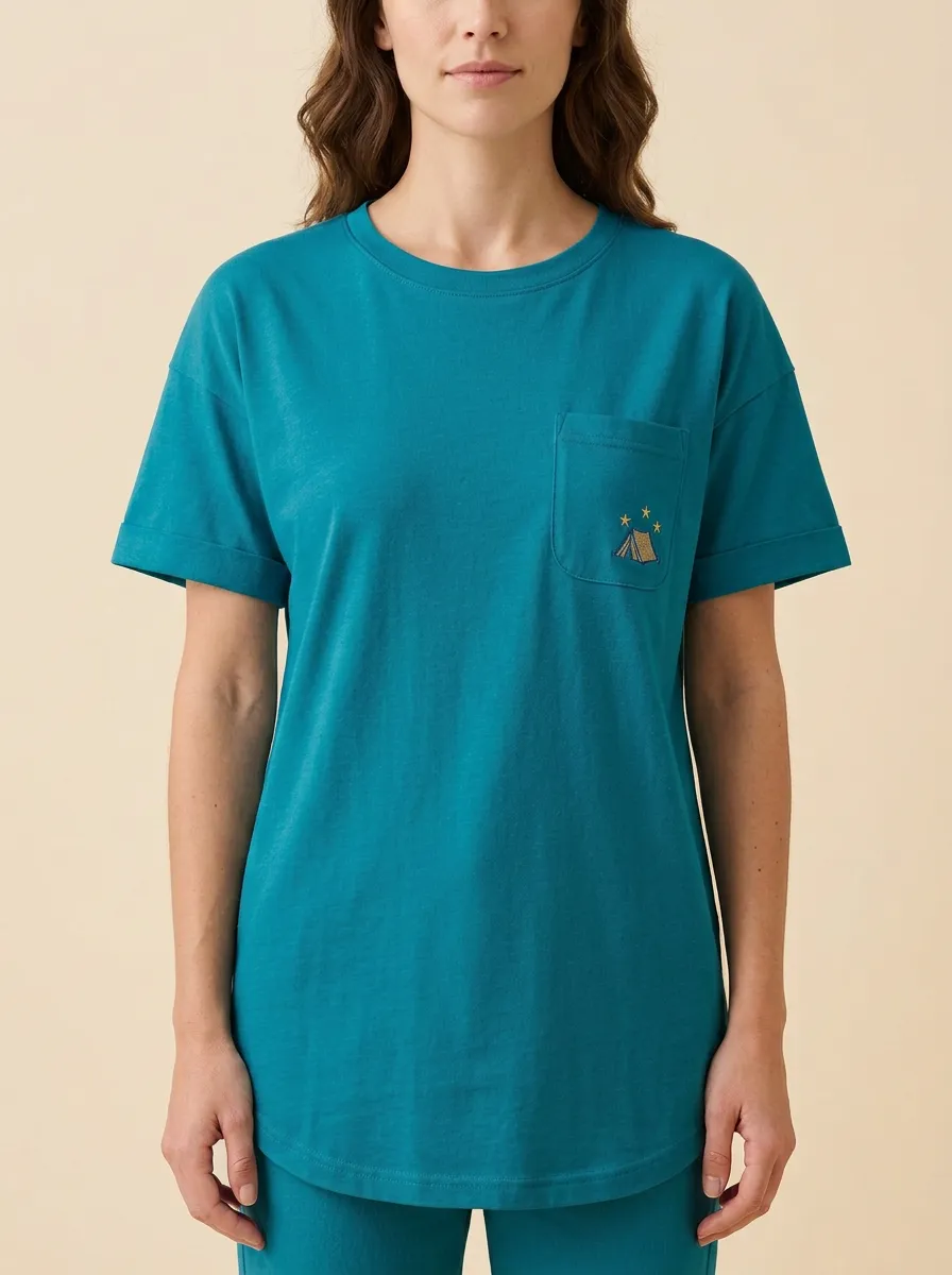 Women's Camping Tent Embroidered Pocket Crewneck T-Shirt