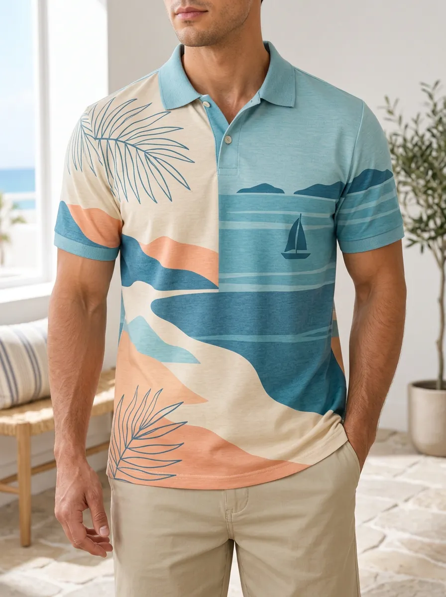 Men's Beach Vacation Sailboat Palm Leaf Printed Polo Shirt