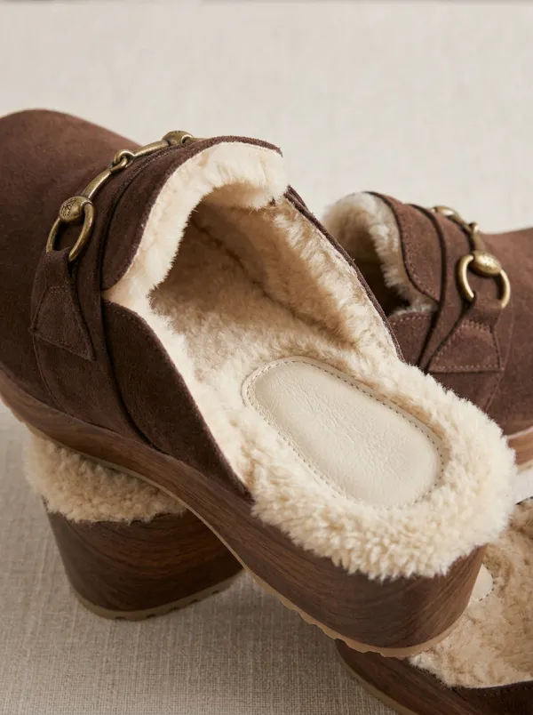 Women's Classic Faux Fur Lined Metal Detail Clog Style Suede Wood Sole Loafers