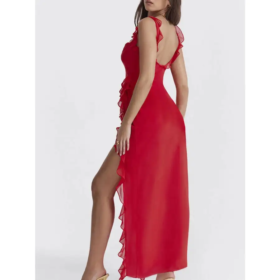Split Ruffled Square Neck Maxi Dress