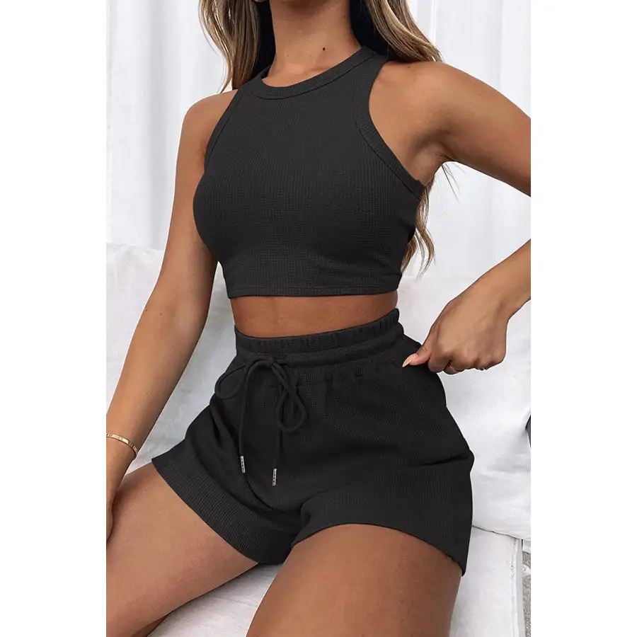 Relaxed Round Neck Top and Drawstring Shorts Set