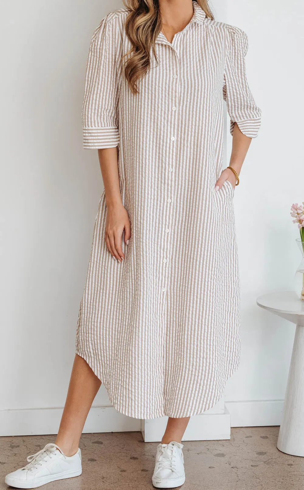 Frilled Collar Half Sleeve Shirt Maxi Dress