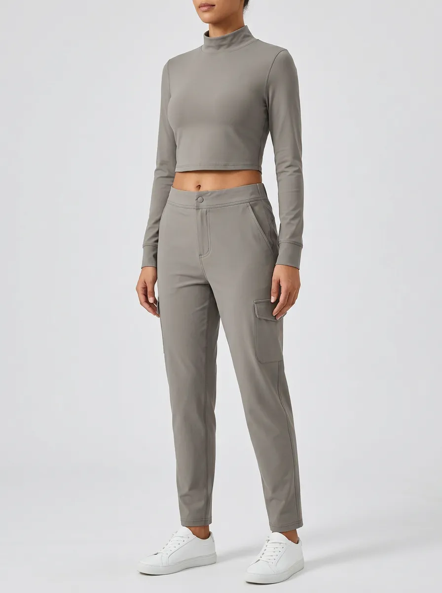 Women's Mock-Neck Crop Top and Tapered Cargo Pant Set