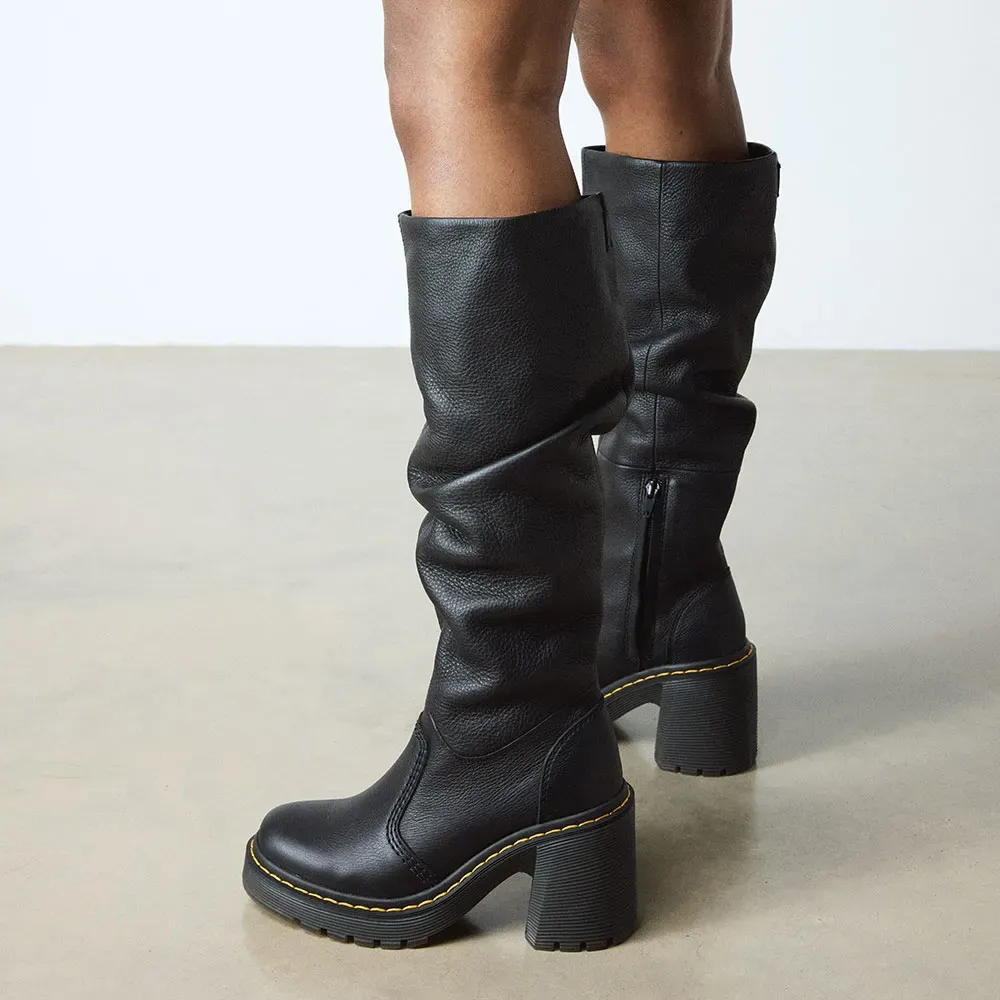 Faux-Leather Zip-Up Slouch Round-Toe Knee-High Boots