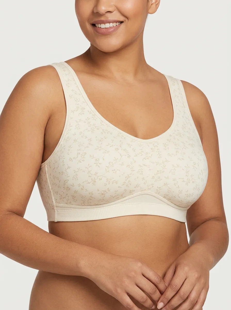 Women's Plus Size Beige Floral Scoop-Neck Wide-Strap Wireless Bralette