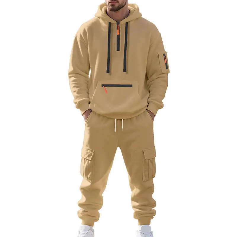 Men's Urban Cargo Tracksuit with Hooded Hoodie and Zipper Pockets Cargo Pants