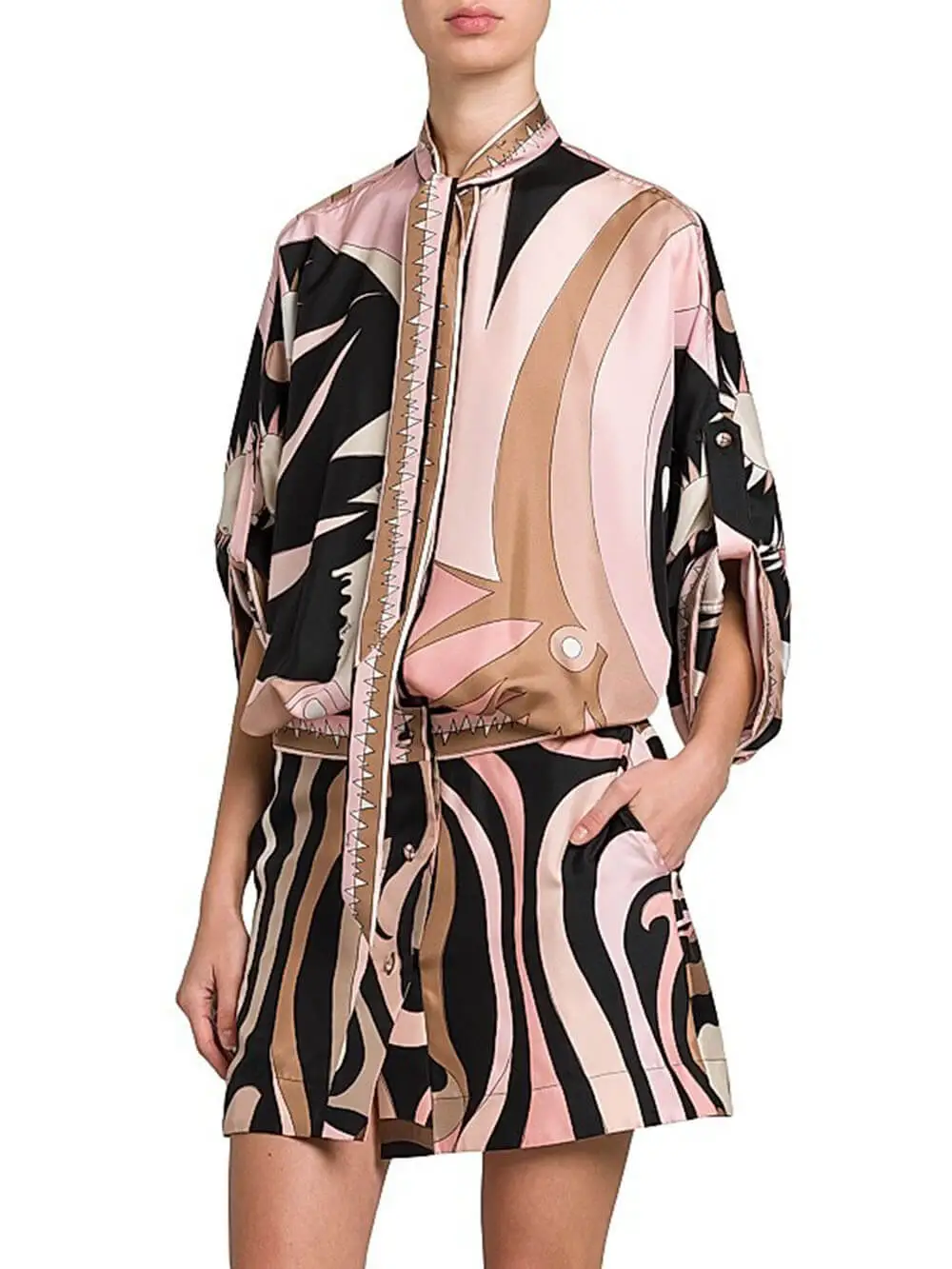 Unique Printed Batwing Sleeve Button Mini Dress