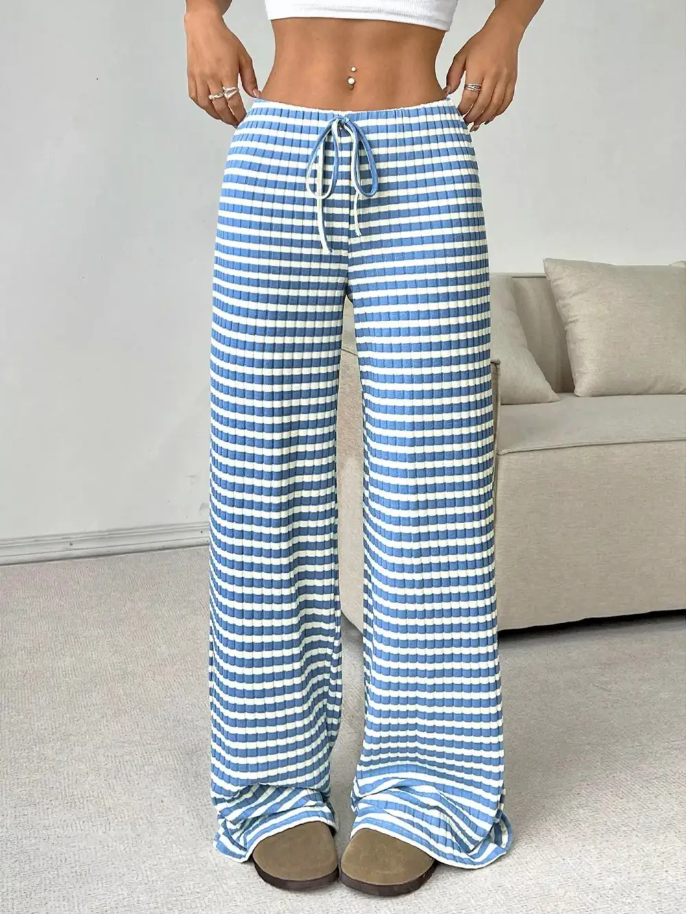 Ribbed Knit Drawstring Wide Leg Pants