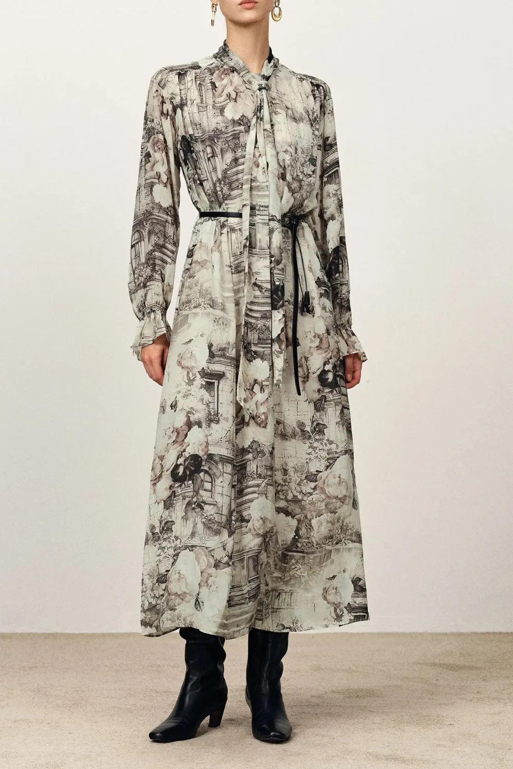Long Sleeve Printed Cupro Midi Dress