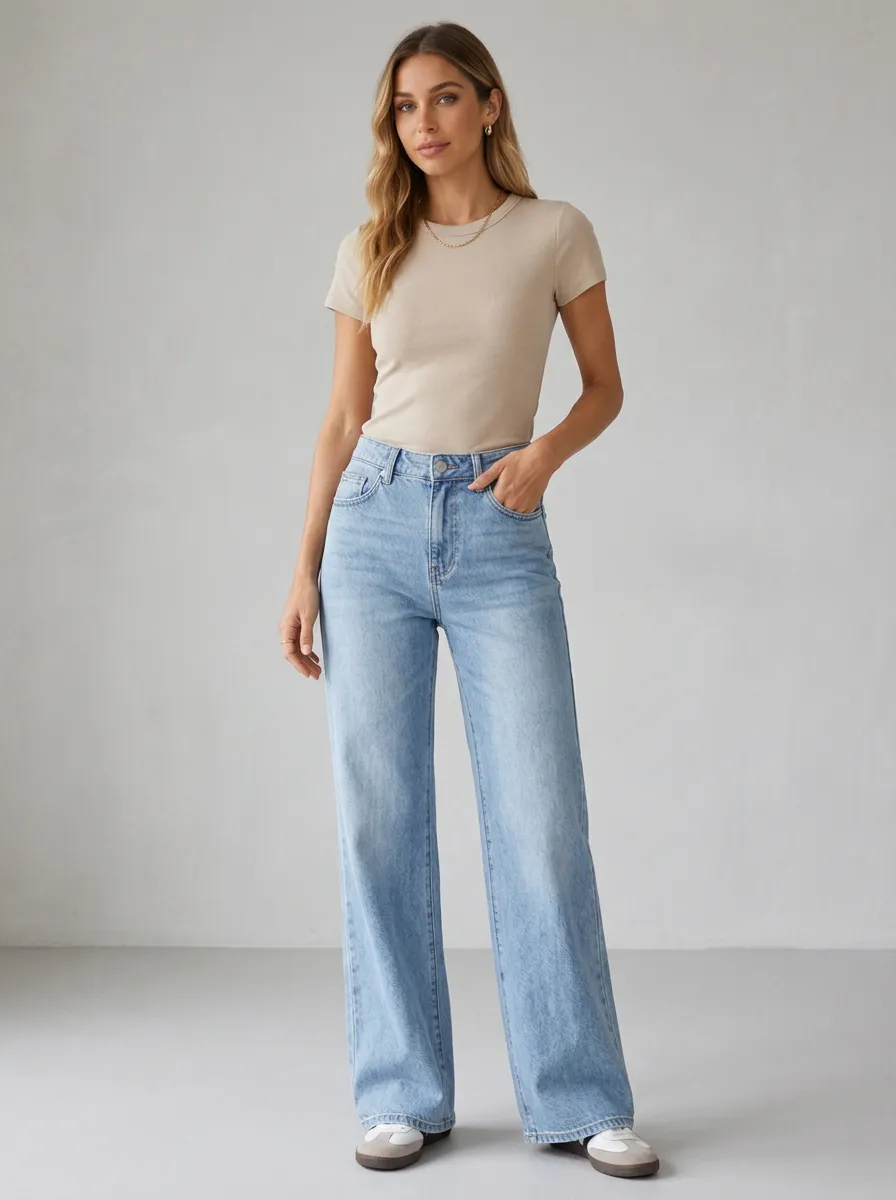 Women's Casual Fashion Light Wash High Waisted Wide Leg Denim Jeans
