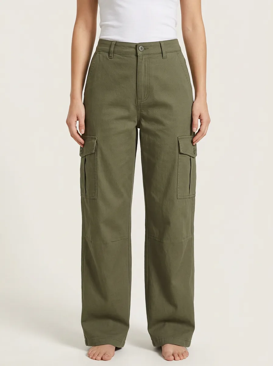 Women's High-Rise Button-Flap Pocket Slant-Pocket Straight-Leg Cargo Pants