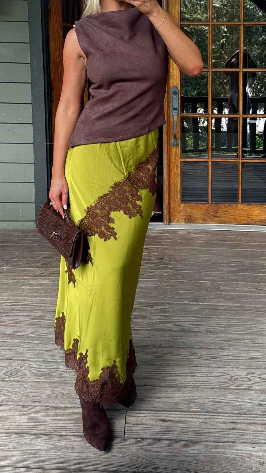 Satin High Rise Lace Trim Maxi Skirt