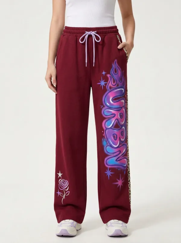 Women's Streetwear Urban Graffiti Flame Rose Printed Sweatpants