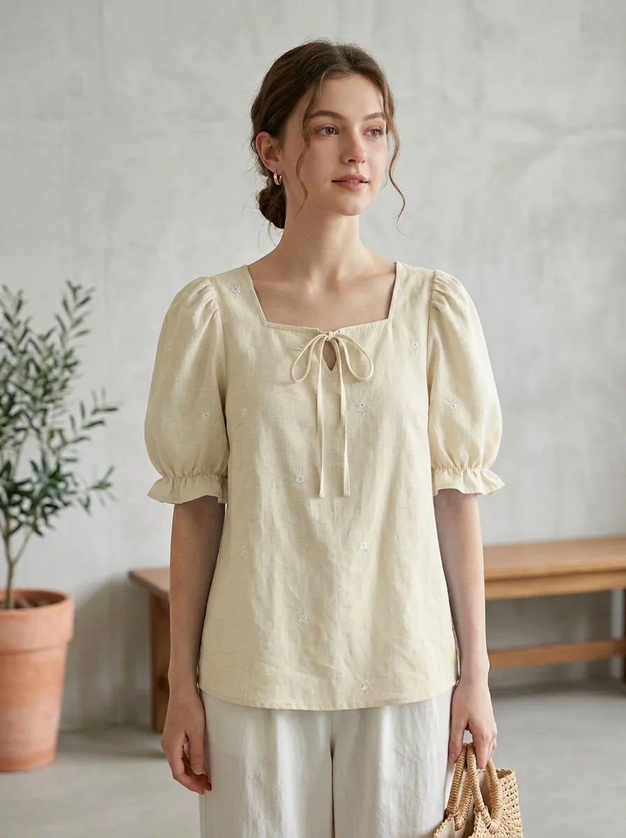 Classic Embroidered Floral Women's Puff-Sleeve Blouse