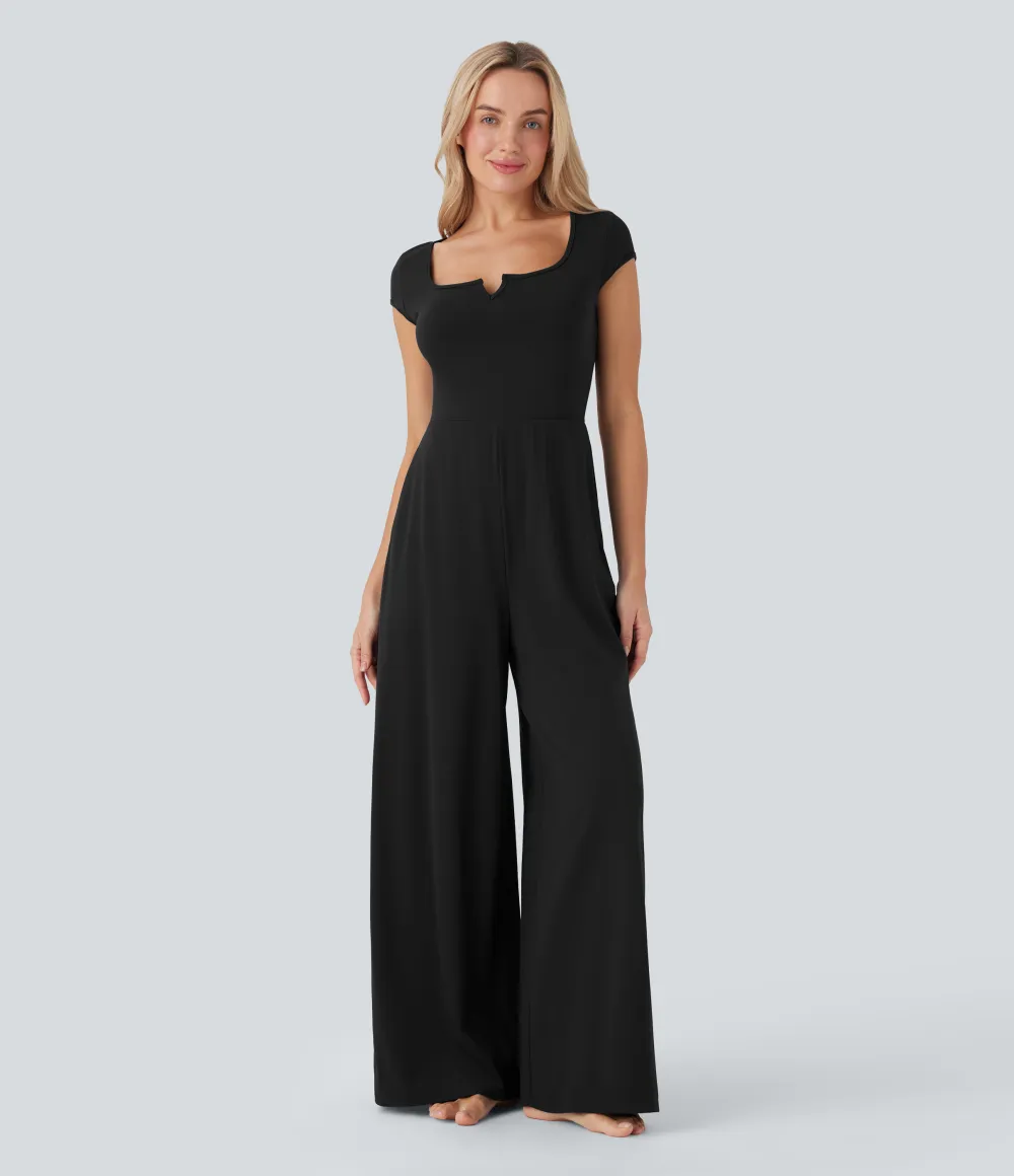 SoftlyZero Airy Short Sleeve Wide Leg Cool Touch Yoga Jumpsuit with Pockets-Easy Peezy Edition