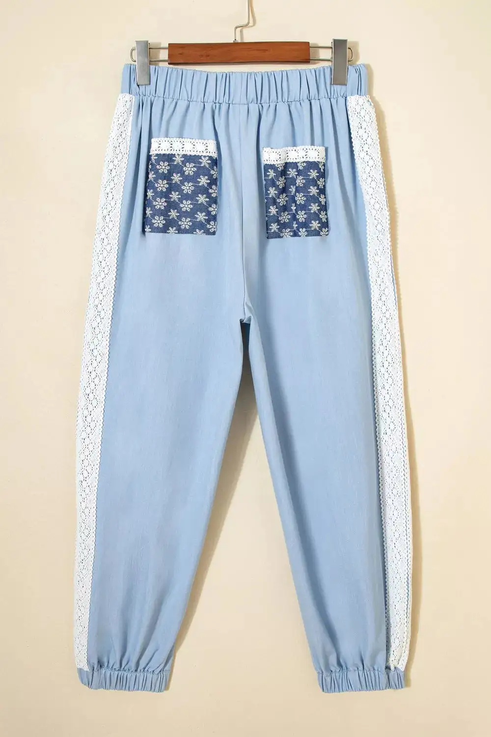 Lace Accent Patched Pocket Pleated Wide Leg Slouchy Pants