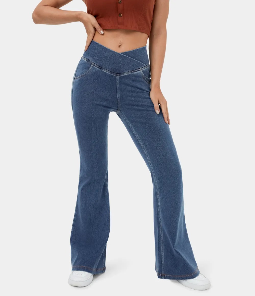 Magic High Waisted Crossover Pocket Washed Stretchy Knit Casual Super Flare Jeans