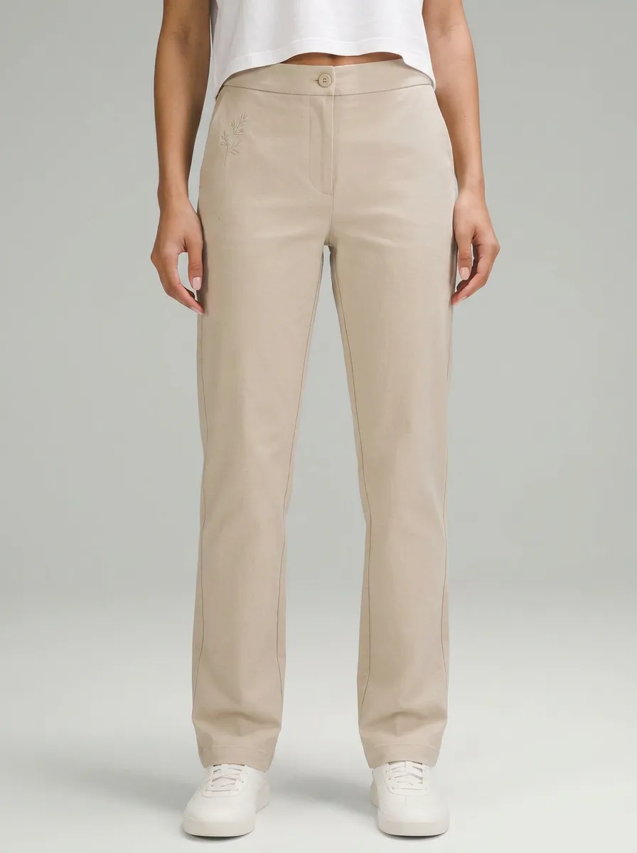 Women's Minimalist Botanical Embroidered Mid-Rise Straight Leg Pants