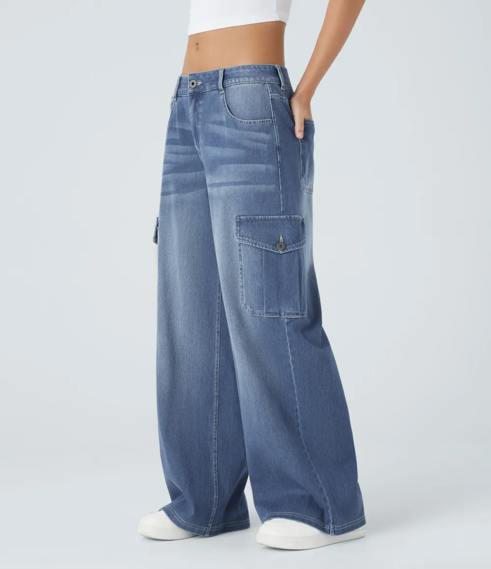 Magic Low Rise Multiple Pockets Stretchy Knit Casual Wide Leg Cargo Jeans