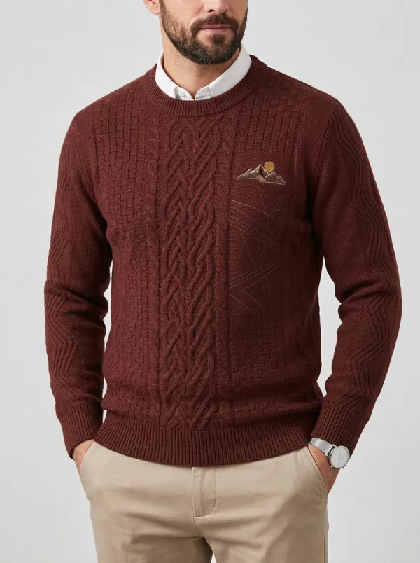 Men's Olive Green Outdoor Mountain Sunset Knit Sweater
