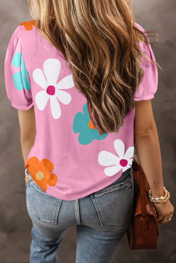 Pink Flower Print Bubble Sleeve