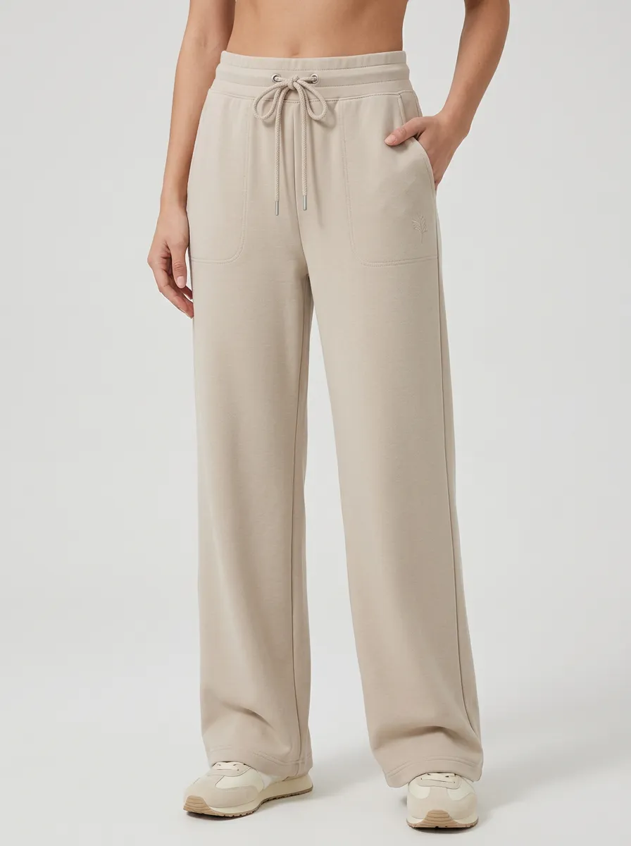 Women's Lounge Minimalist Beige Solid Color Embroidered Wide Leg Sweatpants