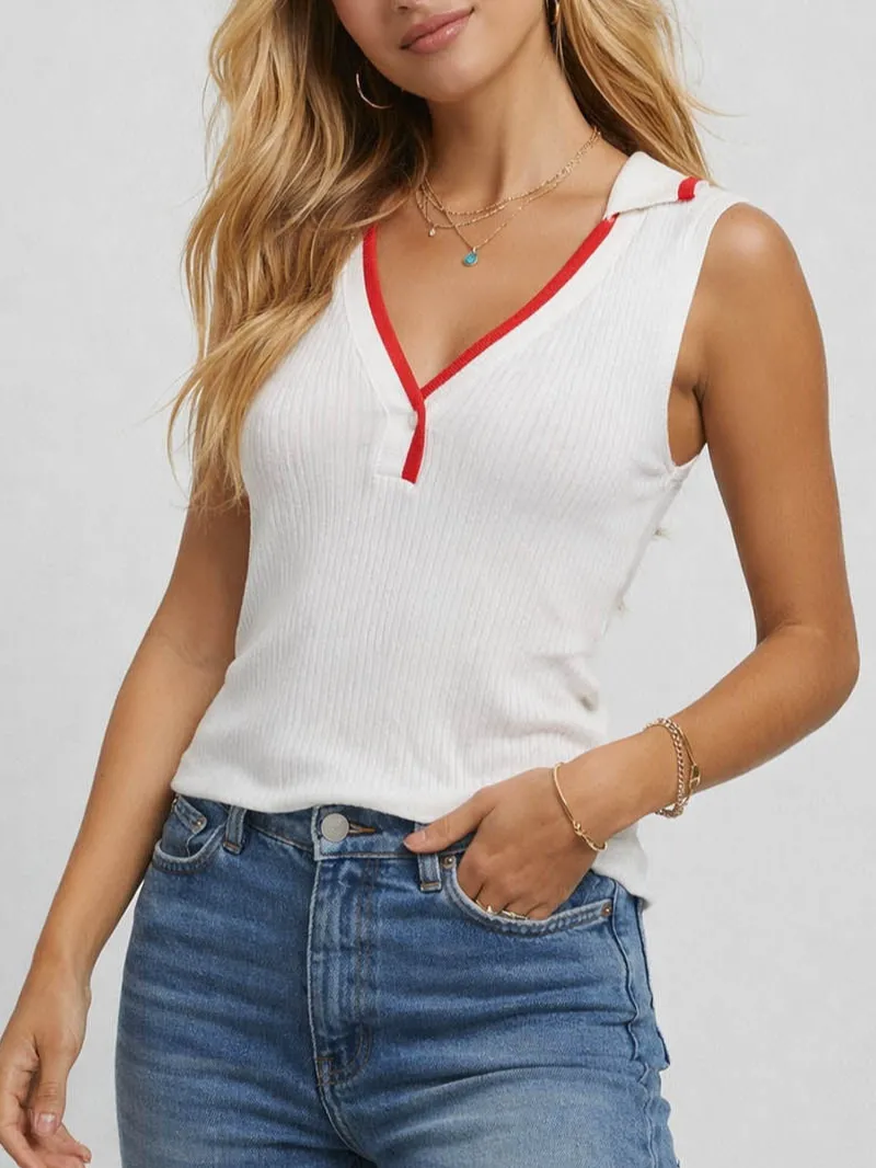 Lapel V Neck Color Block Ribbed Knit Sleeveless Top