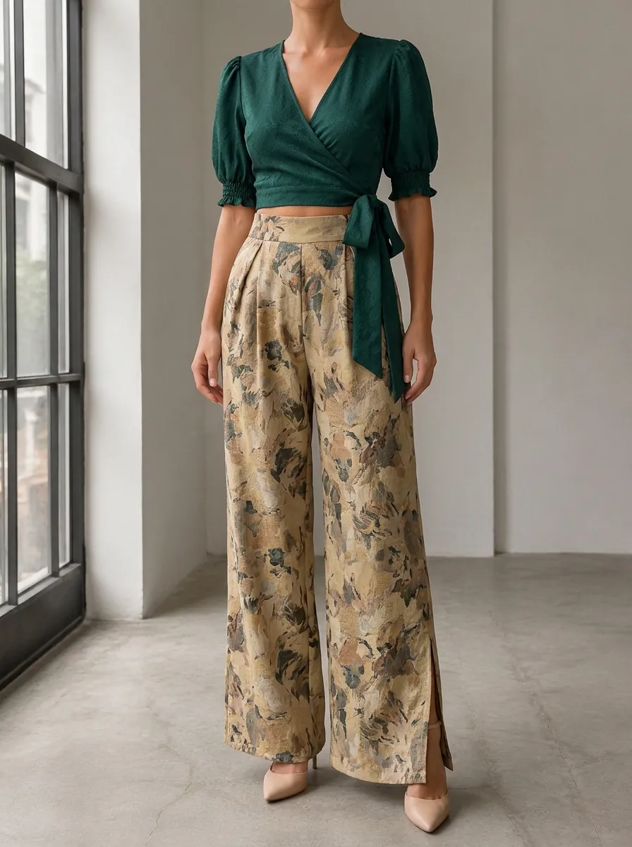 Women's Boho V-Neck Wrap Floral Patterned Wide Leg Pants Set