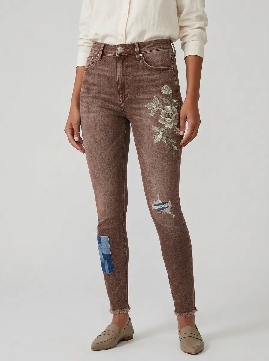 Women's Floral Embroidered Patchwork Ripped Graphic Slim Jeans
