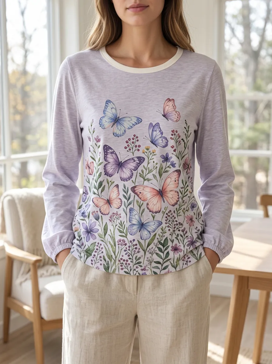 Women's Modern Sweet Sweet Style Butterfly Floral Printed Long Sleeve T-shirt