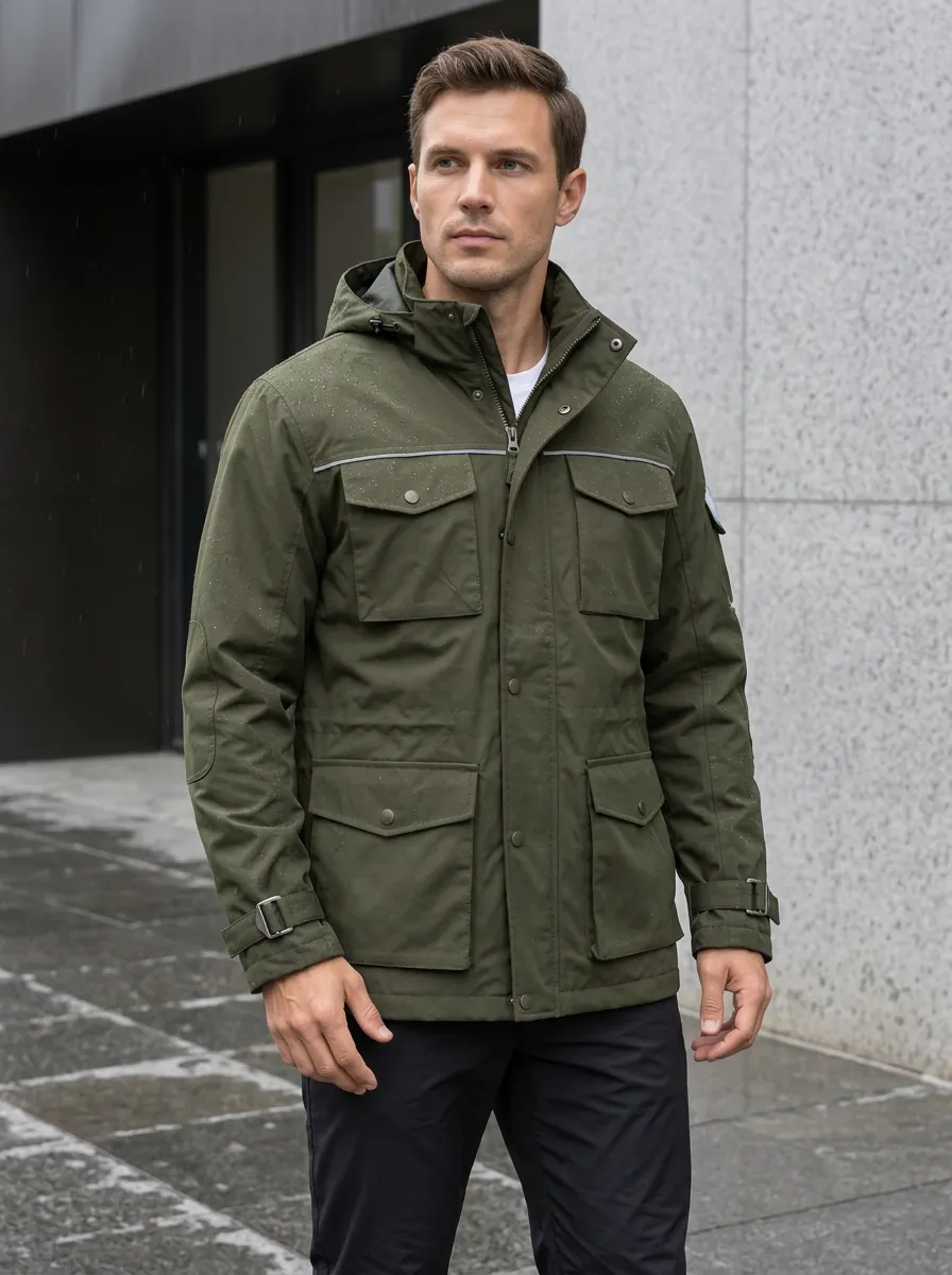 Men's Olive Green Waterproof Hooded Jacket with a Hood