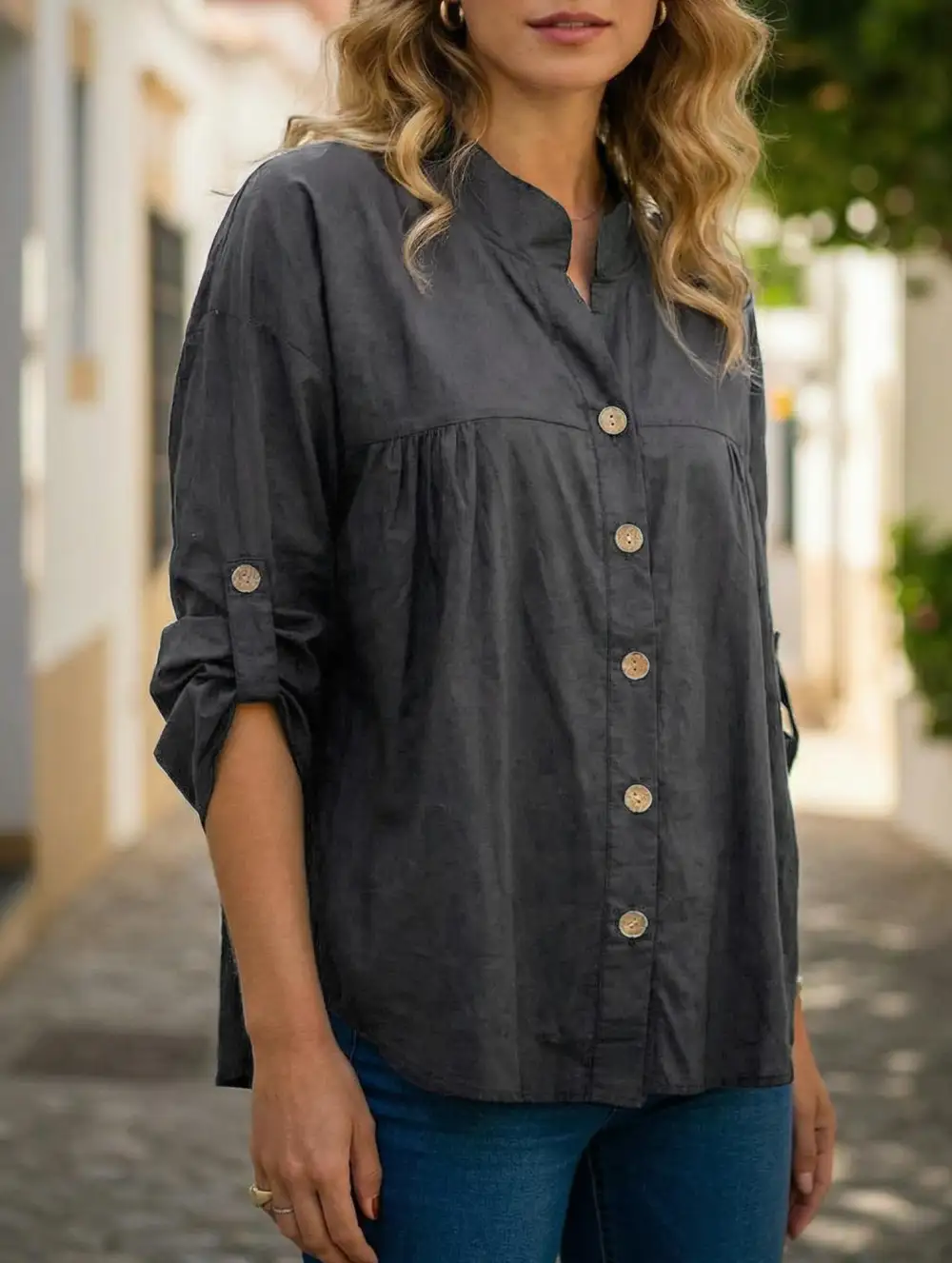 Loose V-Neck Pleated Shirt