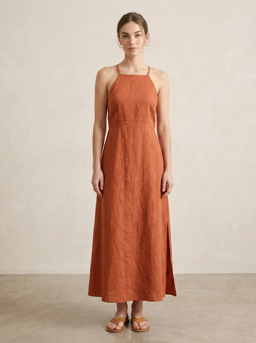 Women's Casual Cross-Back Linen Maxi Backless Dress