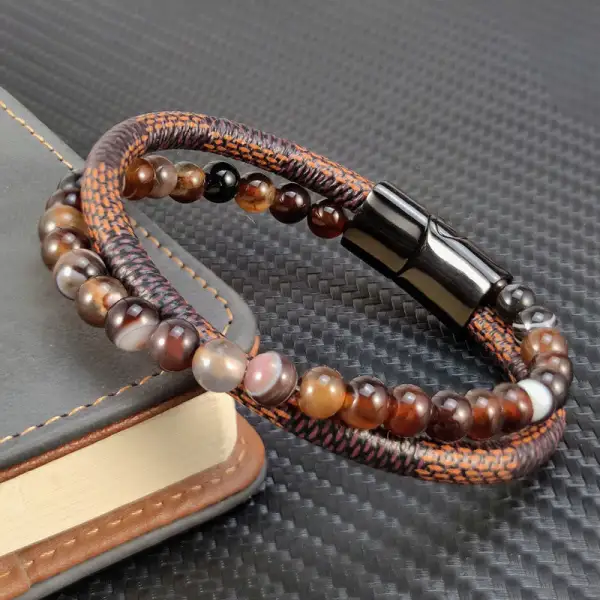 Sardonyx Double Wrap Braided Leather Bracelet